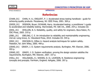 EThICS
ENGINEERING                                                         CONCEITOS E PRINCÍPIOS DE GSP
EThICS 039.BG02.01                                 APÊNDICES


                                              Referências
[CHAN_01]      CHAN, H. A.; ENGLERT, P. J. Accelerated stress testing handbook - guide for
achieving quality products. Piscataway, NJ: IEEE Press, 2001. 369 p.
[DODS_01] DODSON, Bryan; SCHWAB, Harry. Accelerated testing: a practitioner´s guide
to accelerated and reliability testing. Warrendale, PA: SAE Int., 2006. 254 p. Includes CD.
[DHIL_01]     DHILLON, B. S. Reliability, quality, and safety for engineers. Boca Raton, FL:
CRC Press, 2005. 219 p.
[EBEL_01]     EBELING, C. E. An introduction to reliability and maintainability engineering.
2nd ed. Long Grove, IL: Waveland Press, 2010. Includes CD. 544 p.
[ERIC_01]     ERICSON II, Clifton A. Hazard analysis techniques for system safety.
Hoboken, NJ: John Wiley, 2005. 499 p.
[GRAD_01]            GRADY, J. O. System requirements analysis. Burlington, MA: Elsevier, 2006.
455 p.
[GRAD_02]     GRADY, J. O. System verification: proving the design solution satisfies the
requirements. Burlington, MA: Elsevier, 2007. 337 p.
[HOLL_01]     HOLLNAGEL, E.; WOODS, D. D.; LAVESON, N. Resilience engineering:
concepts and precepts. Farnham, England: Ashgate, 2006. 397 p.



 10/4/2013                            Intellectual Property of EThICS Engineering              125
 