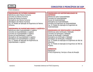EThICS
ENGINEERING                                                          CONCEITOS E PRINCÍPIOS DE GSP
EThICS 039.BG02.01

ENGENHARIA DE FATORES HUMANOS                                   ENGENHARIA DE SUSTENTABILIDADE DE
Referências sobre Fatores Humanos                               SISTEMAS
Conceitos de Fatores Humanos                                    Referências sobre Sustentabilidade
Escopo dos Fatores Humanos                                      Conceitos de Sustentabilidade
Abrangência dos Fatores Humanos                                 Escopo da Sustentabilidade
Abordagens dos Fatores Humanos                                  Abrangência da Sustentabilidade
Fig. 10: Modelo de Aplicação de Engenharia de Fatores           Princípios de Engenharia de Sustentabilidade
Humanos                                                         Fig. 12: Modelo de Aplicação de Engenharia de
                                                                Sustentabilidade
ENGENHARIA DE SUPORTABILIDADE E LOGÍSTICA
Referências sobre Suportabilidade e Logística                   ENGENHARIA DE VERIFICAÇÃO E VALIDAÇÃO
Conceitos de Suportabilidade e Logística                        Referências sobre Verificação e Validação
Conceitos de Suportabilidade e Logística                        Conceitos de Verificação e Validação
Escopo de Suportabilidade e Logística                           Escopo da Verificação e Validação
Abrangência de Suportabilidade e Logística                      Abrangência da Verificação e Validação
Abordagens de Suportabilidade e Logística                       Abordagens da Verificação e Validação
Fig. 11: Modelo de Aplicação de Engenharia de                   Fig. 13: Modelo de Aplicação de Engenharia de V&V de
Suportabilidade e Logística                                     Requisitos
                                                                Fig. 14: Modelo de Aplicação de Engenharia de V&V de
                                                                Projetos

                                                                APÊNDICES
                                                                Referências
                                                                EThICS Engineering: Serviços e Áreas de Atuação




 10/4/2013                             Propriedade Intelectual de EThICS Engineering                               4
 