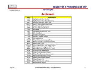 EThICS
ENGINEERING                                                   CONCEITOS E PRINCÍPIOS DE GSP
EThICS 039.BG02.01                           INTRODUÇÃO


                                          Acrônimos
                     SIGLA                             SIGNIFICADO
                      HALT   Highly Accelerated Life Test
                      HASS   Highly Accelerated Stress Screening
                      HAST   Highly Accelerated Stress Test
                     HAZOP   Hazard and Operability Analysis
                      HHA    Health Hazard Assessment
                      HRA    Human Reliability Analysis
                       HW    Hardware
                     HWCI    Hardware Configuration Item
                       LCC   Life Cycle Cost
                       LDT   Logistics Delay Time
                       LSA   Logistics Support Analysis
                       MA    Markov Analysis
                     MAMT    Mean Active Maintenance Time
                      MCT    Meran Corrective Maintenance Time
                      MDT    Mean Down Time
                     MEOST   Multi Environment OverStress Testing
                     MORT    Management Oversight and Risk Tree
                      MPT    Mean Preventive Maintenance Time
                      MTA    Maintenance Task Analysis
                     MTBF    Mean-Time Between Failures
                     MTBM    Mean Time Between Maintenances
                     MTBO    Mean-Time Between Outages
                     MTBR    Mean Time Between Repairs
                     MTTF    Mean Time to Fail
                     MTTFF   Mean Time to First Failure
                     MTTR    Mean Time to Repair


 10/4/2013                      Propriedade Intelectual de EThICS Engineering            8
 