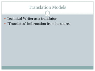 Translation Models

 Technical Writer as a translator
 “Translates” information from its source
 