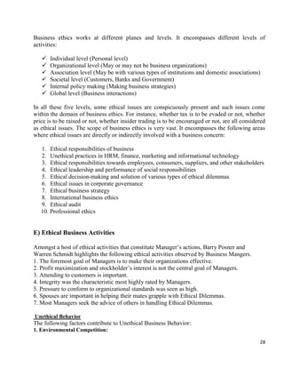 28
Business ethics works at different planes and levels. It encompasses different levels of
activities:
 Individual level (Personal level)
 Organizational level (May or may not be business organizations)
 Association level (May be with various types of institutions and domestic associations)
 Societal level (Customers, Banks and Government)
 Internal policy making (Making business strategies)
 Global level (Business interactions)
In all these five levels, some ethical issues are conspicuously present and such issues come
within the domain of business ethics. For instance, whether tax is to be evaded or not, whether
price is to be raised or not, whether insider trading is to be encouraged or not, are all considered
as ethical issues. The scope of business ethics is very vast. It encompasses the following areas
where ethical issues are directly or indirectly involved with a business concern:
1. Ethical responsibilities of business
2. Unethical practices in HRM, finance, marketing and informational technology
3. Ethical responsibilities towards employees, consumers, suppliers, and other stakeholders
4. Ethical leadership and performance of social responsibilities
5. Ethical decision-making and solution of various types of ethical dilemmas
6. Ethical issues in corporate governance
7. Ethical business strategy
8. International business ethics
9. Ethical audit
10. Professional ethics
E) Ethical Business Activities
Amongst a host of ethical activities that constitute Manager‘s actions, Barry Posner and
Warren Schmidt highlights the following ethical activities observed by Business Mangers.
1. The foremost goal of Managers is to make their organizations effective.
2. Profit maximization and stockholder‘s interest is not the central goal of Managers.
3. Attending to customers is important.
4. Integrity was the characteristic most highly rated by Managers.
5. Pressure to conform to organizational standards was seen as high.
6. Spouses are important in helping their mates grapple with Ethical Dilemmas.
7. Most Managers seek the advice of others in handling Ethical Dilemmas.
Unethical Behavior
The following factors contribute to Unethical Business Behavior:
1. Environmental Competition:
 