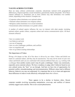 7
VALUES ACROSS CULTURES
Here are many cultures: professional, corporate, educational, national (with geographical
differences), religious/spiritual, sexual orientation, generational, family and gender. All of these
cultures influence us. Sometimes one or more cultures may take dominance over another
culture, depending on the situation. Examples are:
• Corporate culture dominates over national culture
• National culture dominates over religious culture
• Religious culture dominates over sexual orientation
• Generational culture dominates over gender culture
A number of cultural aspects influence the way we interact with other people, including
national culture, gender culture, corporate culture and various communication styles. All these
elements influence
• how we conduct work
• our behavior and style
• our use of language
• how we solve challenges, problems, and conflicts
• how we negotiate and
• how we go about creating relationships.
The Importance of Values
Diving a bit deeper on that, all of the above is driven by our values. Values and beliefs are
learnt in a national culture, and they may be unconscious. You may not be aware of your own
values and beliefs until you are confronted with someone different than you, e.g. working with
a colleague from another country (and it may be quite a challenge). Values vary enormously,
especially across national cultures. We have a tendency to judge other‘s behavior based on our
own cultural norms, the ―lens‖ we see through. And here we have lots of opportunities for
potential conflict, misunderstandings and miscommunication. Different values lead to different
behavior, behavior you may not understand. It is important that we try to learn and appreciate
these differences in order to work effectively with people from other cultures.
There appears to be a decline in business ethics. Recent
corporate scandals involving accounting manipulation, cover-ups, and conflicts of interest
certainly suggest such a decline. This is not a recent phenomenon.
 