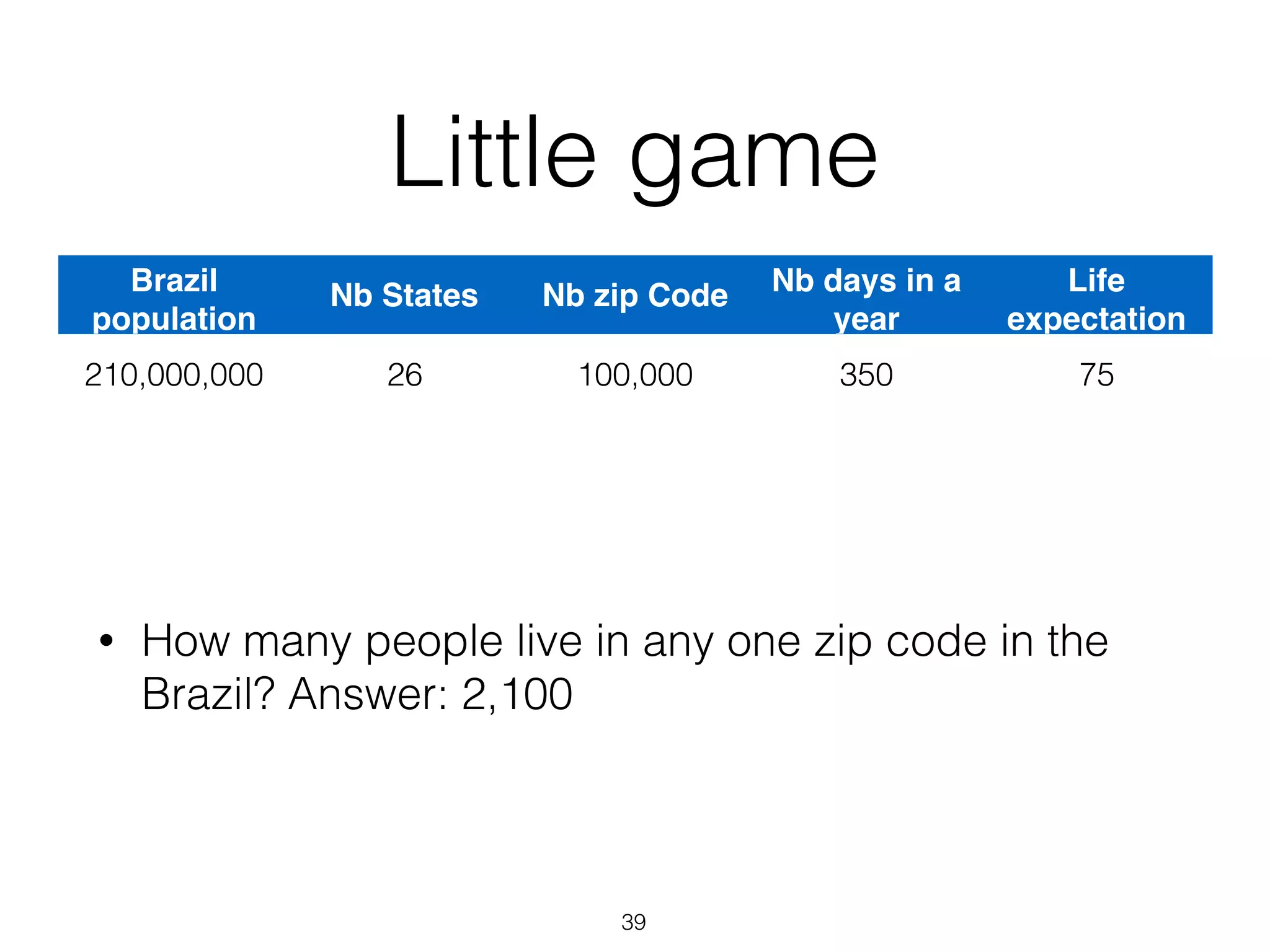 Little game
• How many people live in any one zip code in the
Brazil? Answer: 2,100
39
Brazil
population
Nb States Nb zip Code Nb days in a
year
Life
expectation
210,000,000 26 100,000 350 75
 