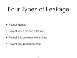 Four Types of Leakage
• Reveal identity
• Reveal value hidden attribute
• Reveal link between two entities
• Reveal group membership
34
 