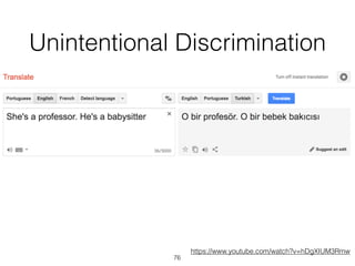Unintentional Discrimination
76
https://www.youtube.com/watch?v=hDgXIUM3Rmw
 