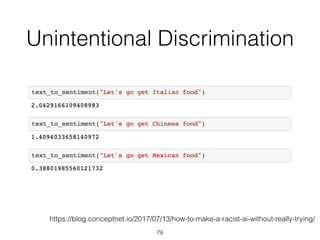 Unintentional Discrimination
79
https://blog.conceptnet.io/2017/07/13/how-to-make-a-racist-ai-without-really-trying/
 