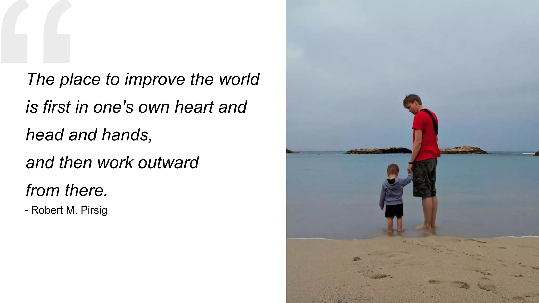 The place to improve the world
is first in one's own heart and
head and hands,
and then work outward
from there.
- Robert M. Pirsig
 