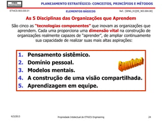 EThICS
ENGINEERING
                     PLANEJAMENTO ESTRATÉGICO: CONCEITOS, PRINCÍPIOS E MÉTODOS

 EThICS 903.030.01                  ELEMENTOS BÁSICOS                        Ref.: [SENG_01][EE_903.004.00]


              As 5 Disciplinas das Organizações que Aprendem
  São cinco as “tecnologias componentes” que inovam as organizações que
     aprendem. Cada uma proporciona uma dimensão vital na construção de
     organizações realmente capazes de “aprender”, de ampliar continuamente
               sua capacidade de realizar suas mais altas aspirações:


        1.      Pensamento sistêmico.
        2.      Domínio pessoal.
        3.      Modelos mentais.
        4.      A construção de uma visão compartilhada.
        5.      Aprendizagem em equipe.




  4/3/2013                   Propriedade Intelectual de EThICS Engineering                             24
 
