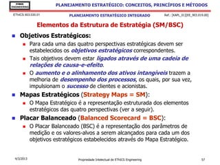 EThICS
ENGINEERING
                        PLANEJAMENTO ESTRATÉGICO: CONCEITOS, PRINCÍPIOS E MÉTODOS

 EThICS 903.030.01            PLANEJAMENTO ESTRATÉGICO INTEGRADO                 Ref.: [KAPL_01][EE_903.019.00]


                Elementos da Estrutura de Estratégia (SM/BSC)
    Objetivos Estratégicos:
             Para cada uma das quatro perspectivas estratégicas devem ser
              estabelecidos os objetivos estratégicos correspondentes.
             Tais objetivos devem estar ligados através de uma cadeia de
              relações de causa-e-efeito.
             O aumento e o alinhamento dos ativos intangíveis trazem a
              melhoria de desempenho dos processos, os quais, por sua vez,
              impulsionam o sucesso de clientes e acionistas.
    Mapas Estratégicos (Strategy Maps = SM):
             O Mapa Estratégico é a representação estruturada dos elementos
              estratégicos das quatro perspectivas (ver a seguir).
    Placar Balanceado (Balanced Scorecard = BSC):
             O Placar Balanceado (BSC) é a representação dos parâmetros de
              medição e os valores-alvos a serem alcançados para cada um dos
              objetivos estratégicos estabelecidos através do Mapa Estratégico.


  4/3/2013                       Propriedade Intelectual de EThICS Engineering                            57
 