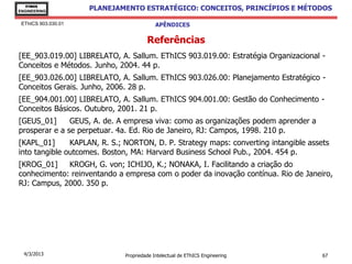 EThICS
ENGINEERING
                     PLANEJAMENTO ESTRATÉGICO: CONCEITOS, PRINCÍPIOS E MÉTODOS

 EThICS 903.030.01                        APÊNDICES

                                      Referências
[EE_903.019.00] LIBRELATO, A. Sallum. EThICS 903.019.00: Estratégia Organizacional -
Conceitos e Métodos. Junho, 2004. 44 p.
[EE_903.026.00] LIBRELATO, A. Sallum. EThICS 903.026.00: Planejamento Estratégico -
Conceitos Gerais. Junho, 2006. 28 p.
[EE_904.001.00] LIBRELATO, A. Sallum. EThICS 904.001.00: Gestão do Conhecimento -
Conceitos Básicos. Outubro, 2001. 21 p.
[GEUS_01]      GEUS, A. de. A empresa viva: como as organizações podem aprender a
prosperar e a se perpetuar. 4a. Ed. Rio de Janeiro, RJ: Campos, 1998. 210 p.
[KAPL_01]      KAPLAN, R. S.; NORTON, D. P. Strategy maps: converting intangible assets
into tangible outcomes. Boston, MA: Harvard Business School Pub., 2004. 454 p.
[KROG_01]    KROGH, G. von; ICHIJO, K.; NONAKA, I. Facilitando a criação do
conhecimento: reinventando a empresa com o poder da inovação contínua. Rio de Janeiro,
RJ: Campus, 2000. 350 p.




  4/3/2013                   Propriedade Intelectual de EThICS Engineering           67
 