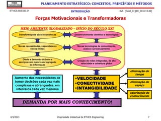 EThICS
ENGINEERING
                            PLANEJAMENTO ESTRATÉGICO: CONCEITOS, PRINCÍPIOS E MÉTODOS

 EThICS 903.030.01                                        INTRODUÇÃO                                    Ref.: [DAVI_01][EE_903.015.00]


                       Forças Motivacionais e Transformadoras

            MEIO AMBIENTE GLOBALIZADO – INÍCIO DO SÉCULO XXI
         Transformações sócio-econômicas                     Desenvolvimento científico e tecnológico




        Novas necessidades, capacidades e                       Novas tecnologias de comunicação,
                  novos limites                                     acesso e processamento



            Oferta e demanda de bens e
                                                                Criação de redes integradas, de alta
         serviços com maior valor agregado
                                                                   velocidade e cobertura global
                   de informação

                                                                                                                 eliminação do
                                                                                                                     tempo
     Aumento das necessidades de                              •VELOCIDADE
                                                                                                                 eliminação do
                                                              •CONECTIVIDADE
     tomar decisões cada vez mais
     complexas e abrangentes, em                                                                                     espaço
      intervalos cada vez menores                             •INTANGIBILIDADE
                                                                                                                 valorização do
                                                                                                                 conhecimento

              DEMANDA POR MAIS CONHECIMENTO!


 4/3/2013                                    Propriedade Intelectual de EThICS Engineering                                        7
 