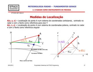 EThICS 907.002.01
METEOROLOGIA RADAR – FUNDAMENTOS GERAISEThICS
ENGINEERING
Medidas de Localização
2. O RADAR COMO INSTRUMENTO DE MEDIDA
A(x, y, z) = Localização do ponto A num sistema de coordenadas cartesianas, centrado no
radar e com o Norte como referência para eixo Y
A(r, θθθθ, φφφφ) = Localização do ponto A num sistema de coordenadas polares, centrado no radar
e com o Norte como referência angular
Z N
A
A
r
Z
18/5/2013 Propriedade Intelectual de EThICS Engineering 37
X
Y
0
θ (AZ)
φ (EL)
r
A
h
rhor
E
h
rhor
r
0 X
rg
Para o centro da Terra
Nível Médio do Mar (1013 mb)
Curvatura Terrestre
φ (EL)
 
