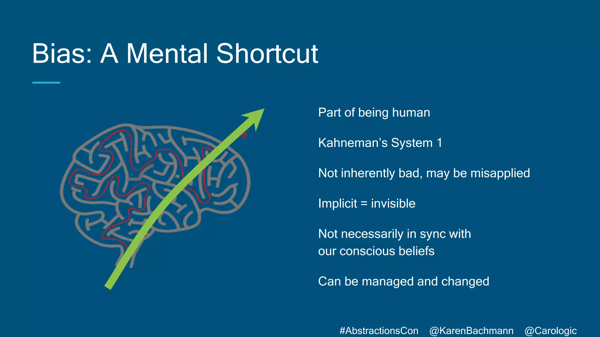 #AbstractionsCon @KarenBachmann @Carologic
Bias: A Mental Shortcut
Part of being human
Kahneman’s System 1
Not inherently bad, may be misapplied
Implicit = invisible
Not necessarily in sync with
our conscious beliefs
Can be managed and changed
 