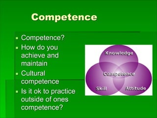 Competence
▪ Competence?
▪ How do you
achieve and
maintain
▪ Cultural
competence
▪ Is it ok to practice
outside of ones
competence?
 