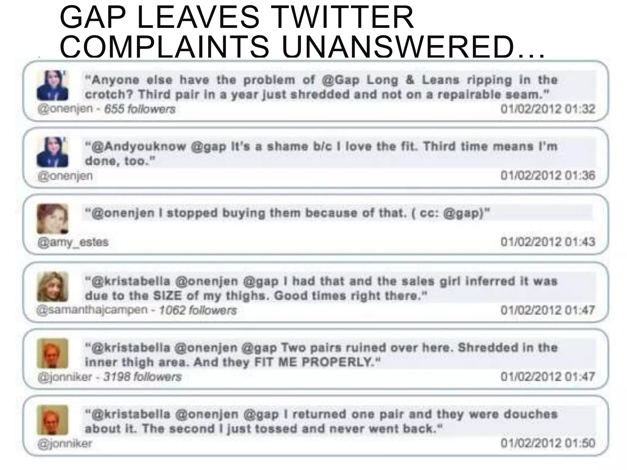 GAP LEAVES TWITTER
COMPLAINTS UNANSWERED…
 