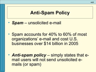 4-21

Anti-Spam Policy
• Spam – unsolicited e-mail
• Spam accounts for 40% to 60% of most
organizations’ e-mail and cost U.S.
businesses over $14 billion in 2005
• Anti-spam policy – simply states that email users will not send unsolicited emails (or spam)

 