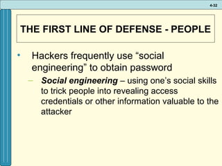 4-32

THE FIRST LINE OF DEFENSE - PEOPLE
•

Hackers frequently use “social
engineering” to obtain password
– Social engineering – using one’s social skills
to trick people into revealing access
credentials or other information valuable to the
attacker

 