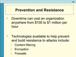 4-42

Prevention and Resistance
•

Downtime can cost an organization
anywhere from $100 to $1 million per
hour

•

Technologies available to help prevent
and build resistance to attacks include:
1. Content filtering
2. Encryption
3. Firewalls

 