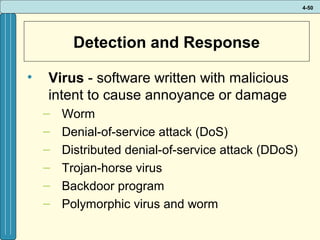 4-50

Detection and Response
•

Virus - software written with malicious
intent to cause annoyance or damage
–
–
–
–
–
–

Worm
Denial-of-service attack (DoS)
Distributed denial-of-service attack (DDoS)
Trojan-horse virus
Backdoor program
Polymorphic virus and worm

 