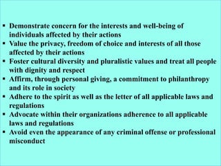  Demonstrate concern for the interests and well-being of
individuals affected by their actions
 Value the privacy, freedom of choice and interests of all those
affected by their actions
 Foster cultural diversity and pluralistic values and treat all people
with dignity and respect
 Affirm, through personal giving, a commitment to philanthropy
and its role in society
 Adhere to the spirit as well as the letter of all applicable laws and
regulations
 Advocate within their organizations adherence to all applicable
laws and regulations
 Avoid even the appearance of any criminal offense or professional
misconduct
 