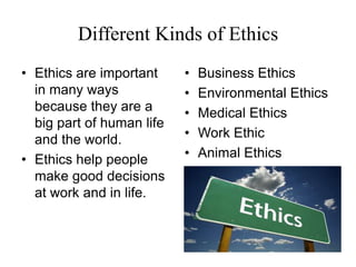 Different Kinds of EthicsEthics are important in many ways because they are a big part of human life and the world. Ethics help people make good decisions at work and in life. Business EthicsEnvironmental EthicsMedical EthicsWork EthicAnimal Ethics