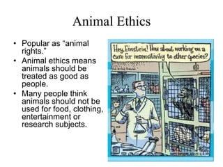 Animal EthicsPopular as “animal rights.”Animal ethics means animals should be treated as good as people. Many people think animals should not be used for food, clothing, entertainment or research subjects. 