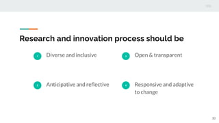 Research and innovation process should be
1 Diverse and inclusive
2 Anticipative and reﬂective
3 Open & transparent
4 Responsive and adaptive
to change
30
 
