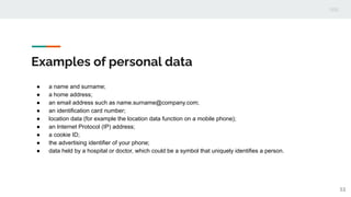 Examples of personal data
● a name and surname;
● a home address;
● an email address such as name.surname@company.com;
● an identification card number;
● location data (for example the location data function on a mobile phone);
● an Internet Protocol (IP) address;
● a cookie ID;
● the advertising identifier of your phone;
● data held by a hospital or doctor, which could be a symbol that uniquely identifies a person.
53
 