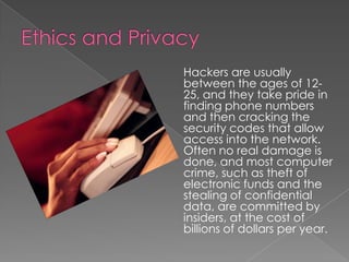 Ethics and Privacy	Antivirus and virus disinfectant programs are used to protect your data from automated invaders. An antivirus program checks each floppy disk automatically as it is inserted into the disk drive and scans all data from telecommunications devices. A virus disinfectant program uncovers viruses lurking on your hard drive.