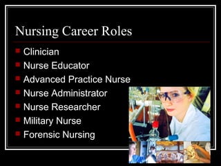 Nursing Career Roles
 Clinician
 Nurse Educator
 Advanced Practice Nurse
 Nurse Administrator
 Nurse Researcher
 Mil...