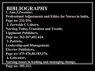 1. Ann.J.Zwemier,
Professional Adjustments and Ethics for Nurses in India,
Page no: 232-254.
2. Zerwekh C Laborn,
Nursing ...