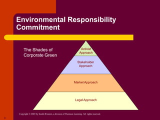 Copyright © 2005 by South-Western, a division of Thomson Learning. All rights reserved.
21
Environmental Responsibility
Commitment
Activist
Approach
Stakeholder
Approach
Market Approach
Legal Approach
The Shades of
Corporate Green
 
