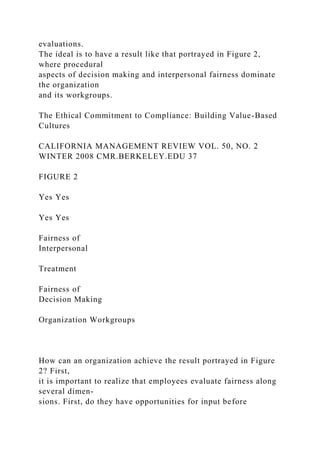 evaluations.
The ideal is to have a result like that portrayed in Figure 2,
where procedural
aspects of decision making and interpersonal fairness dominate
the organization
and its workgroups.
The Ethical Commitment to Compliance: Building Value-Based
Cultures
CALIFORNIA MANAGEMENT REVIEW VOL. 50, NO. 2
WINTER 2008 CMR.BERKELEY.EDU 37
FIGURE 2
Yes Yes
Yes Yes
Fairness of
Interpersonal
Treatment
Fairness of
Decision Making
Organization Workgroups
How can an organization achieve the result portrayed in Figure
2? First,
it is important to realize that employees evaluate fairness along
several dimen-
sions. First, do they have opportunities for input before
 