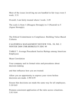 Most of the issues involving me are handled in fair ways were I
work. 3.31
Overall, I am fairly treated where I work. 3.49
The scale is from 1 (Disagree Strongly) to 3 (Neutral) to 5
(Agree Strongly).
The Ethical Commitment to Compliance: Building Value-Based
Cultures
CALIFORNIA MANAGEMENT REVIEW VOL. 50, NO. 2
WINTER 2008 CMR.BERKELEY.EDU 49
TABLE 7. Average Procedural Justice Ratings among American
Employees
Mean Correlation
Your company and its formal rules and procedures about
decision making
and that influence how you are treated.
Allow you an opportunity to express your views before
decisions are made. 2.90 0.59
Ensure that decisions are made the same way for all employees.
3.18 0.63
Promote consistent application of the rules across situations.
3.01 0.64
 