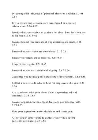 Discourage the influence of personal biases on decisions. 2.98
0.54
Try to ensure that decisions are made based on accurate
information. 3.26 0.67
Provide that you receive an explanation about how decisions are
being made. 2.87 0.62
Provide honest feedback about why decisions are made. 3.06
0.63
Ensure that your views are considered. 3.12 0.61
Ensure your needs are considered. 3.14 0.64
Respect your rights. 3.51 0.65
Ensure that you are treated with dignity. 3.47 0.64
Guarantee you receive polite and respectful treatment. 3.52 0.58
Reflect a desire to do what is best for employees like you. 3.21
0.66
Are consistent with your views about appropriate ethical
standards. 3.33 0.63
Provide opportunities to appeal decisions you disagree with.
3.09 0.55
How your supervisor makes decisions and treats you.
Allow you an opportunity to express your views before
decisions are made. 3.25 0.54
 