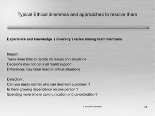 31
Typical Ethical dilemmas and approaches to resolve them
Experience and knowledge ( diversity ) varies among team members
Impact :
Takes more time to decide on issues and situations
Decisions may not get a all round support
Differences may raise head at critical situations
Detection :
Can you easily identify who can deal with a problem ?
Is there growing dependency on one person ?
Spending more time in communication and co-ordination ?
 
