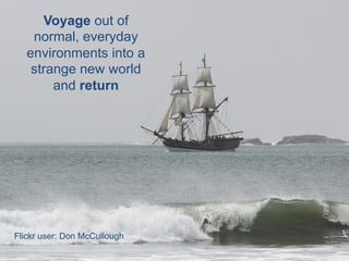Voyage out of
normal, everyday
environments into a
strange new world
and return
Flickr user: Don McCullough
 