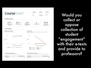 Would you
collect or oppose
collection of
student
“engagement”
with their e-texts
and provide to
professors?
 