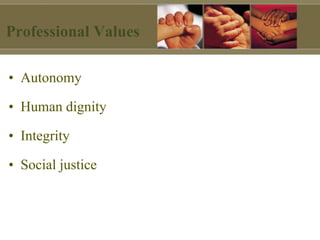 Professional Values
• Autonomy
• Human dignity
• Integrity
• Social justice
 