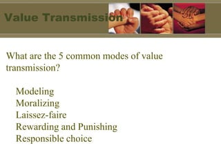 What are the 5 common modes of value
transmission?
Modeling
Moralizing
Laissez-faire
Rewarding and Punishing
Responsible choice
Value Transmission
 