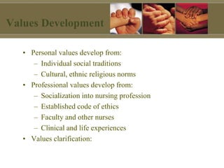 Values Development
• Personal values develop from:
– Individual social traditions
– Cultural, ethnic religious norms
• Professional values develop from:
– Socialization into nursing profession
– Established code of ethics
– Faculty and other nurses
– Clinical and life experiences
• Values clarification:
 