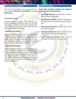 6
ethics concept series by t. roychowdhary
WWW.EDENIAS.COM | CONTACT US-9311092321
“Empowering Endeavours”
Dimensions of attitudes
The structure of attitudes can be examined by ex-
ploring their STRENGTH, ACCESSIBILITY and AM-
BIVALANCE.
1) Attitude Strength
Attitudes differ in strength. Some attitudes are
strong while some attitudes are weak. The strength
with which an attitude is held is often a good predic-
tor of behaviour. The stronger the attitude the more
likely it should affect behaviour
2) Attitude Accessibility
Attitude accessibility refers to the ease with which
attitudes can be retrieved from memory, in other
words how readily available is an attitude about an
object, issue, or situation. Attitudes that are more
accessible from memory are more predictive of be-
haviour and are more stable across time
3) Attitude Ambivalence
Attitude ambivalence refers to the fact that our eval-
uations of objects, issues, events, or people are not
always uniformly positive or negative; our evalu-
ations are often mixed, consisting of both positive
and negative reactions. In other words when we
simultaneously possess both positive and negative
attitudes toward the object in question we exhibit
attitude ambivalence.
Attitude-Functions
Daniel Katz classified attitudes into different
groups based on their functions
•	 Knowledge function: knowing one’s or other’s
attitude imparts knowledge.
•	 Ego-defensive function: attitudes can help peo-
ple protect their self-esteem and avoid depres-
sion.
•	 Ego-expressive function: used to express one’s
core values or beliefs.
•	 Instrumental function: helps to choose what is
rewarding (and also avoid punishment).
•	 Social Acceptance function: adapt to the so-
cially approved attitudes of a larger group.
 
