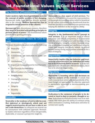 7WWW.EDENIAS.COM | CONTACT US-9311092321
“Empowering Endeavours”
ethics concept series by t. roychowdhary
04_Foundational Values in Civil Services
The Necessity of Foundational Values
Under modern rights based governance systems
the concept of public services is fast changing.
Bureaucrats today have become directly account-
able to the citizens. Modern Bureaucracy has to
respond to moral universe of the citizens.
Bureaucrats have discretionary powers, therefore
they must be provided with guiding principles to
prevent ‘abuse of power’. The foundational values
provide these guiding principles.
Major Foundational Values for Civil Ser-
vants
The major foundational values include the following
	Neutrality
	Anonymity
	Commitment and dedication to public ser-
vice
	Civil Activism
	Important Commandment for Civil Servants
	Civil Services Accountability
	Ethical Conduct of a Civil Servant
	Responsibility
	Courage of conviction
	Discipline
	Integrity
	Humility
	Impartiality
Neutrality
Neutrality is the tendency of not to side in a con-
flict (physical or ideological), which may not
suggest neutral parties do not have a side or are
not a side themselves. In colloquial use neutral can
be synonymous with unbiased approach. Neutrali-
ty implies tolerance regardless of how disagreeable,
deplorable, or unusual a perspective might be.
Anonymity
Anonymity is a key aspect of civil services. The
task of a civil servant is to assist the representatives
of the people by providing advice which is beneficial
for the society and country. He should work from be-
hind the curtains in an honest and non-partisan way,
helping the ministers to the best of his ability.
Integrity
Integrity is the fundamental moral concept in
civil services. It is an important basis of ethical
behaviour and ethical competency. It is associated
with the value of being honest and maintain strong
moral principles. Integrity includes financial integ-
rity, professional integrity and intellectual integrity.
Ethics and integrity are closely related. An ethical
person having strong moral values is bound to be a
man of integrity.
Impartiality
Impartiality implies that the behavior and treat-
ment by a bureaucrat to any individual or entity
has to be exclusively based on merit. To make fair,
just, equitable effective and efficient decisions, there
has to be absolute impartiality.
Objectivity
Objectivity is founding advice and decisions on
rigorous analysis of the evidence. It entails that
truth remains true universally, independently of hu-
man thought or approaches. An objective approach
is particularly important in decision-making pro-
cesses.
Dedication
Dedication is the eminence of people to be de-
voted or loyal to duty or purpose, thought or ac-
tion. Dedication is a vital personality trait of an indi-
vidual. This value gives the ability to continue acting
when motivation is lacking. Dedication will drive to
certain task rapidly
 
