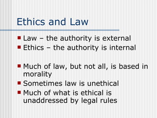 Ethics and Law Law – the authority is external Ethics – the authority is internal Much of law, but not all, is based in morality Sometimes law is unethical Much of what is ethical is unaddressed by legal rules 