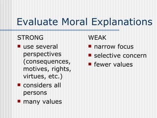 Evaluate Moral Explanations STRONG use several perspectives (consequences, motives, rights, virtues, etc.) considers all persons many values WEAK narrow focus selective concern fewer values 
