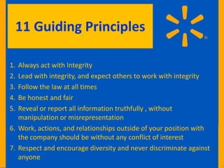 11 Guiding Principles

1. Always act with Integrity
2. Lead with integrity, and expect others to work with integrity
3. Follow the law at all times
4. Be honest and fair
5. Reveal or report all information truthfully , without
   manipulation or misrepresentation
6. Work, actions, and relationships outside of your position with
   the company should be without any conflict of interest
7. Respect and encourage diversity and never discriminate against
   anyone
 