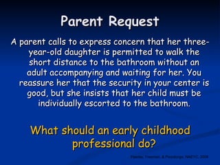 Parent Request A parent calls to express concern that her three-year-old daughter is permitted to walk the short distance to the bathroom without an adult accompanying and waiting for her. You reassure her that the security in your center is good, but she insists that her child must be individually escorted to the bathroom. What should an early childhood professional do? Feeney, Freeman, & Pizzolongo, NAEYC, 2008 