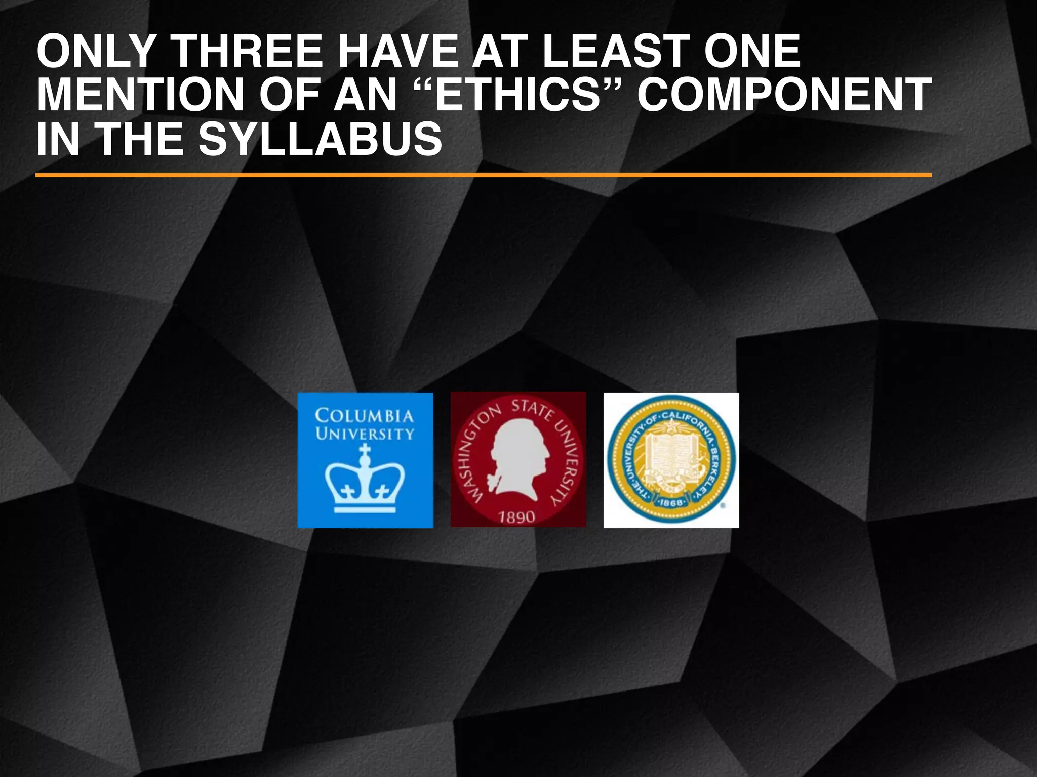 ONLY THREE HAVE AT LEAST ONE
MENTION OF AN “ETHICS” COMPONENT
IN THE SYLLABUS
 