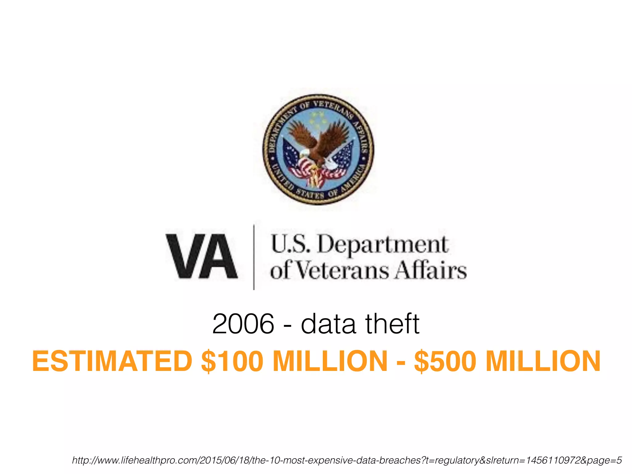 ESTIMATED $100 MILLION - $500 MILLION
2006 - data theft
http://www.lifehealthpro.com/2015/06/18/the-10-most-expensive-data-breaches?t=regulatory&slreturn=1456110972&page=5
 