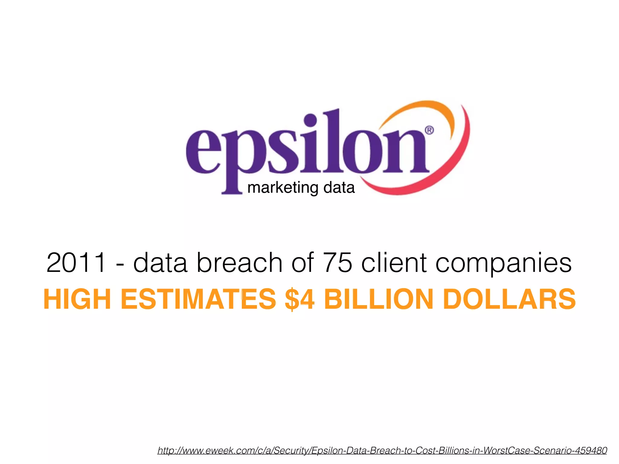 HIGH ESTIMATES $4 BILLION DOLLARS
2011 - data breach of 75 client companies
http://www.eweek.com/c/a/Security/Epsilon-Data-Breach-to-Cost-Billions-in-WorstCase-Scenario-459480
marketing data
 